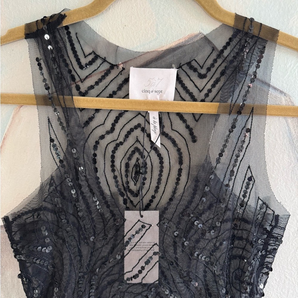 CINQ A SEPT Sheer Beaded Sequin Tank Top Black Size Small NWT - Picture 2 of 8